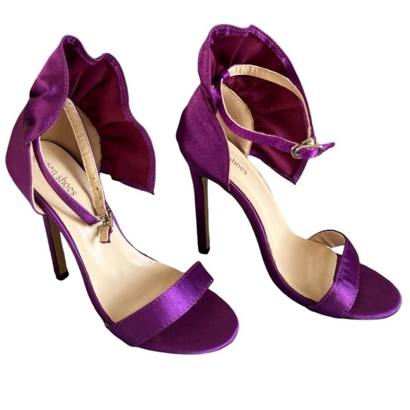 WOMEN'S PURPLE SATIN RUFFLE OPEN TOE STILETTOS SZ 5.5 EU36 - Picture 3 of 7